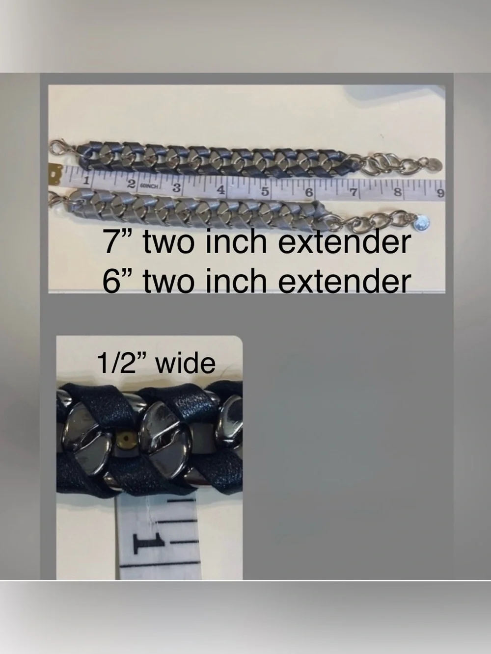J Elliot MENS set of 2 Silver  Curb Chain Black & Grey Leather Bracelets FIRM